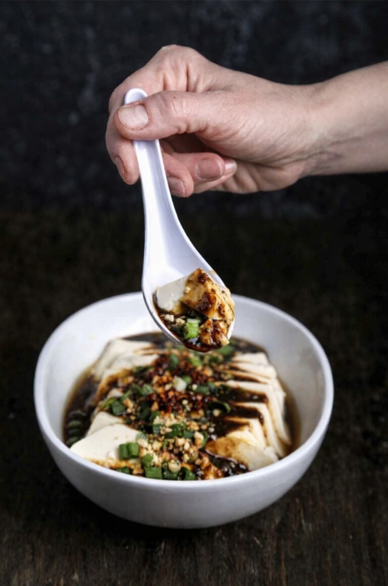 Steamed tofu topped with fermented black bean sauce, scallions, chili crisp, and crushed peanuts, lifted on a white spoon against a dark background.