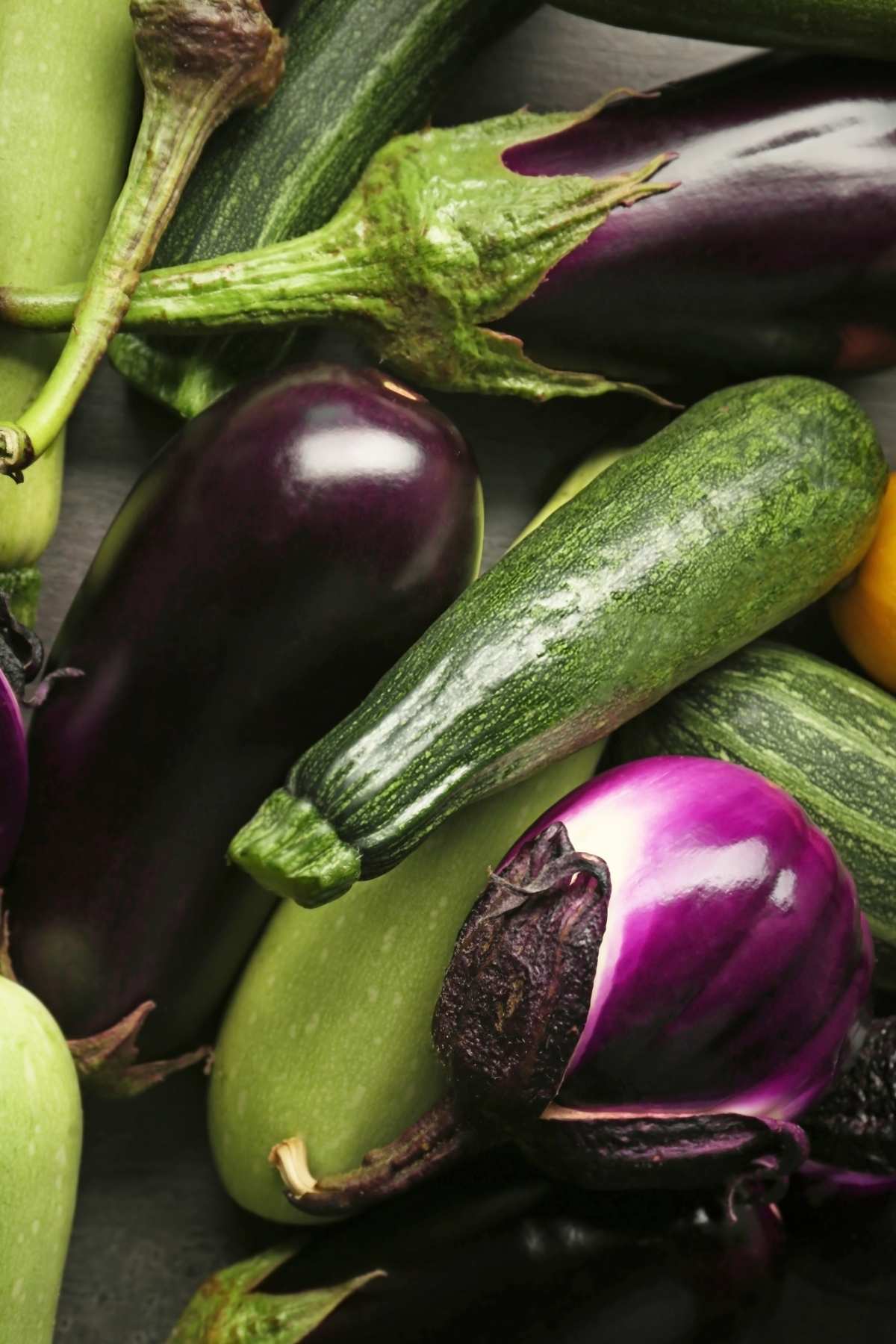 Close-up of raw zucchini, eggplant, and summer squash—classic vegetables used in homemade ratatouille.