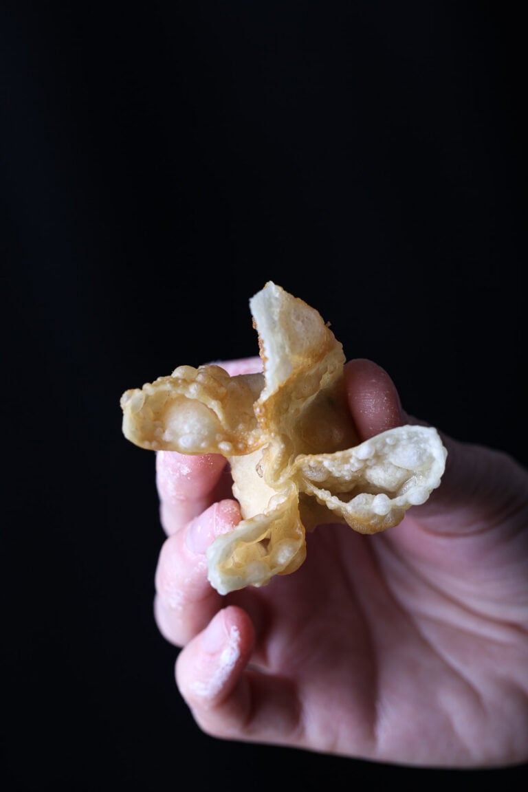 A pinwheel shape of a vegan crab rangoon.