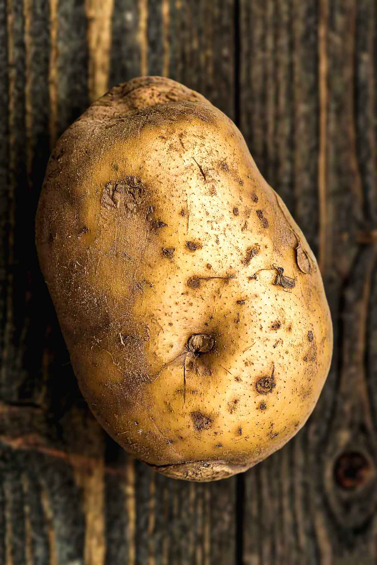 Whole russet potato on rustic wooden background, the best potato for making crispy hash brown waffles.