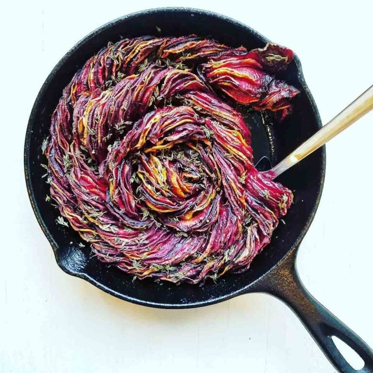 Balsamic roasted beets in a cast iron pan.