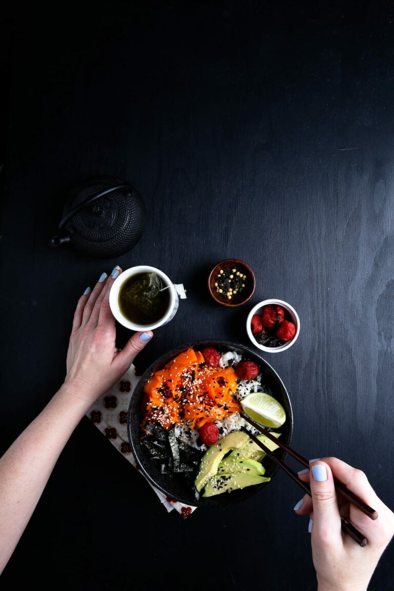 A top-down shot of a Japanese-style breakfast bowl.
