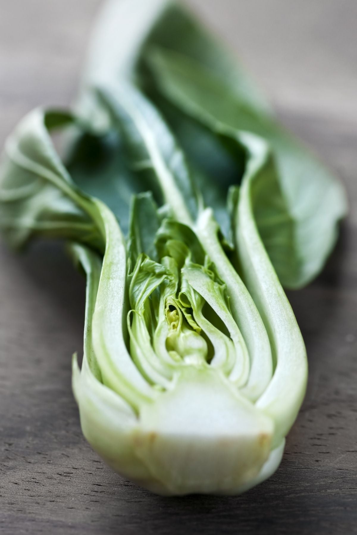Baby bok choy sliced lengthwise showing layered stems and leaves.
