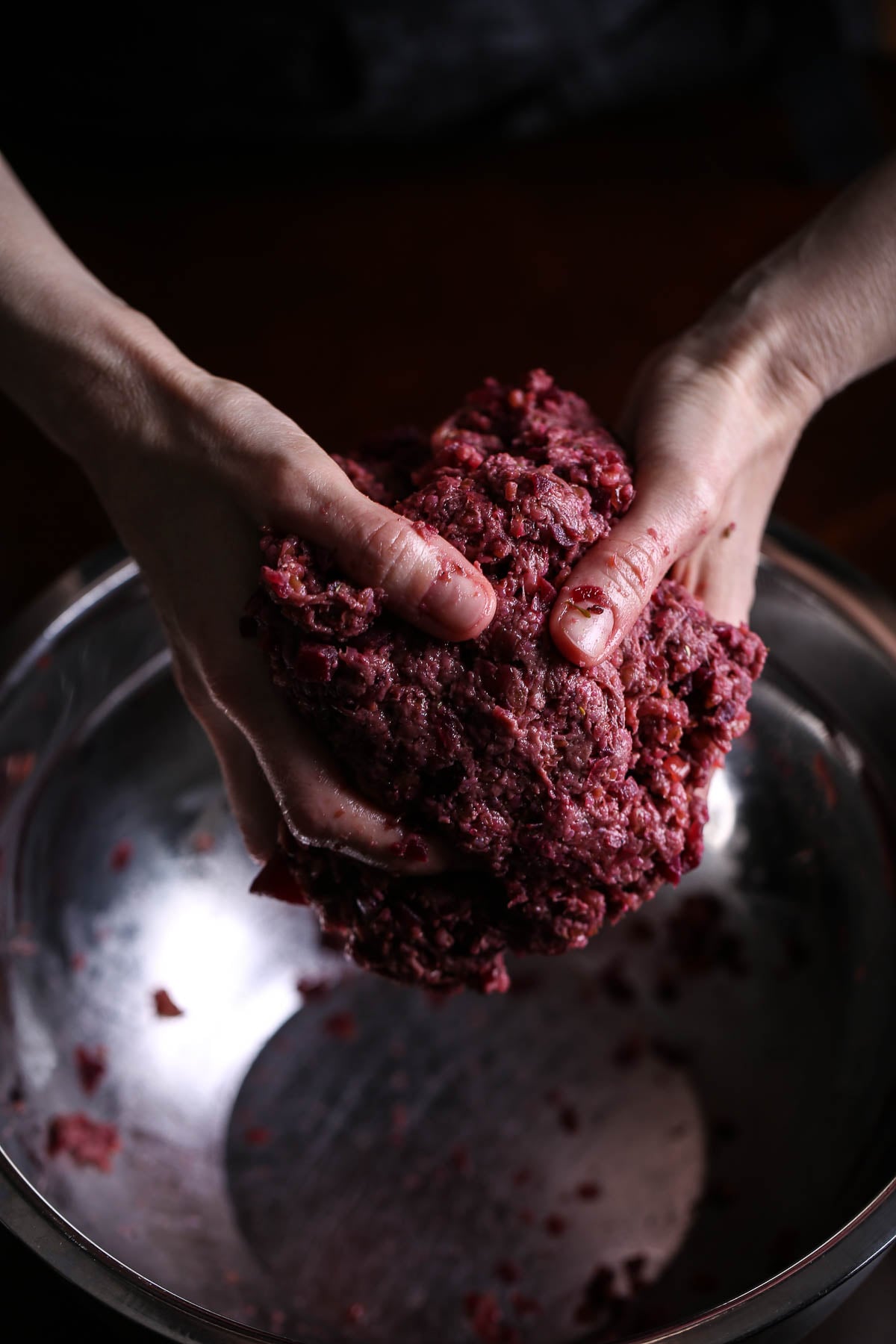 Beetroot burger base made with a mixture of vital wheat gluten and farro.