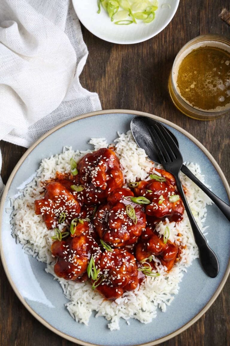 A plate of vegan gochujang cauliflower with rice.