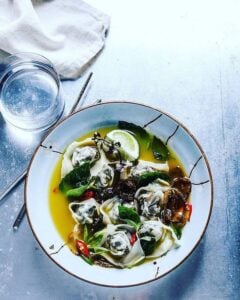 A bowl of vegan wonton soup.