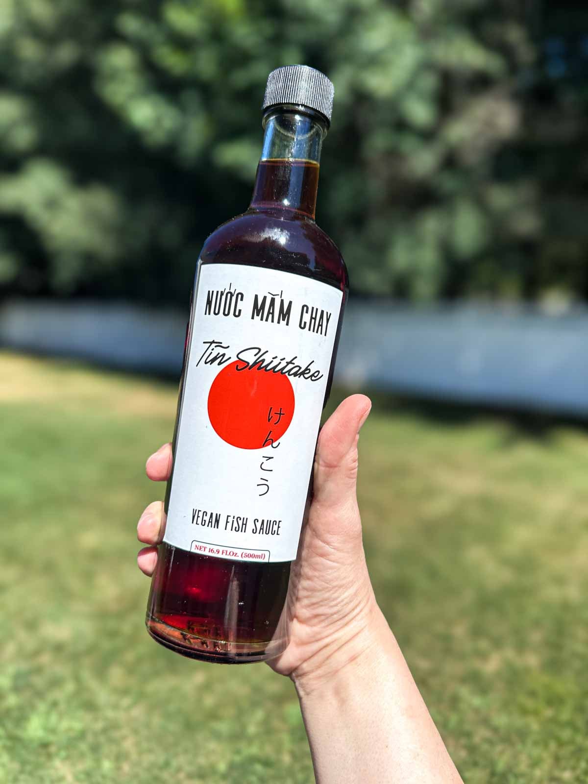 A bottle of vegan fish sauce.