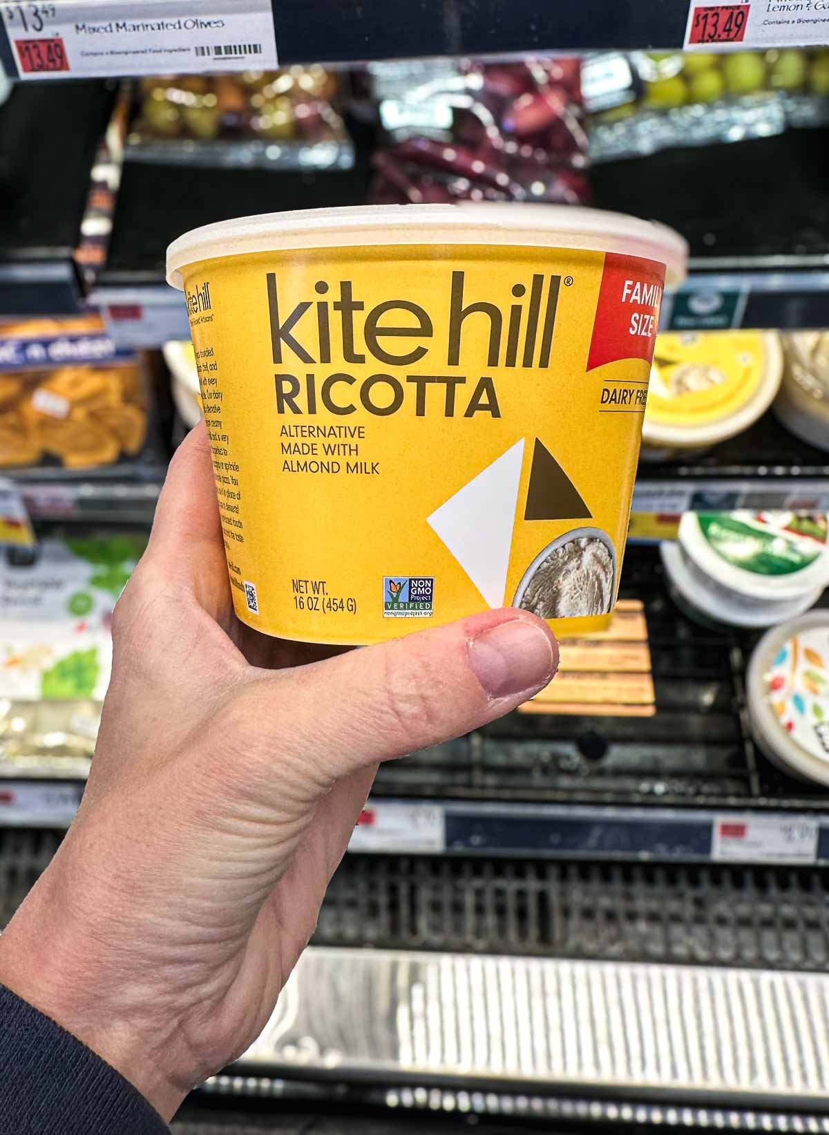 Kite Hill ricotta alternative made with almond milk, shown in the refrigerated section at the store.