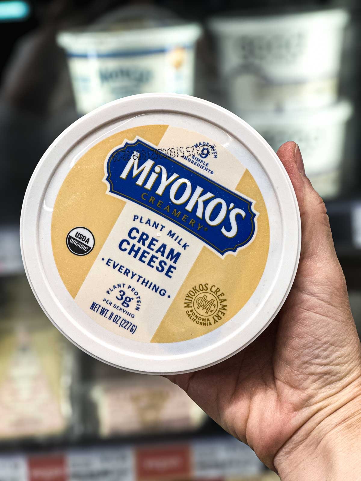 Miyoko’s everything vegan cream cheese made from plant milk, in an 8-ounce tub.