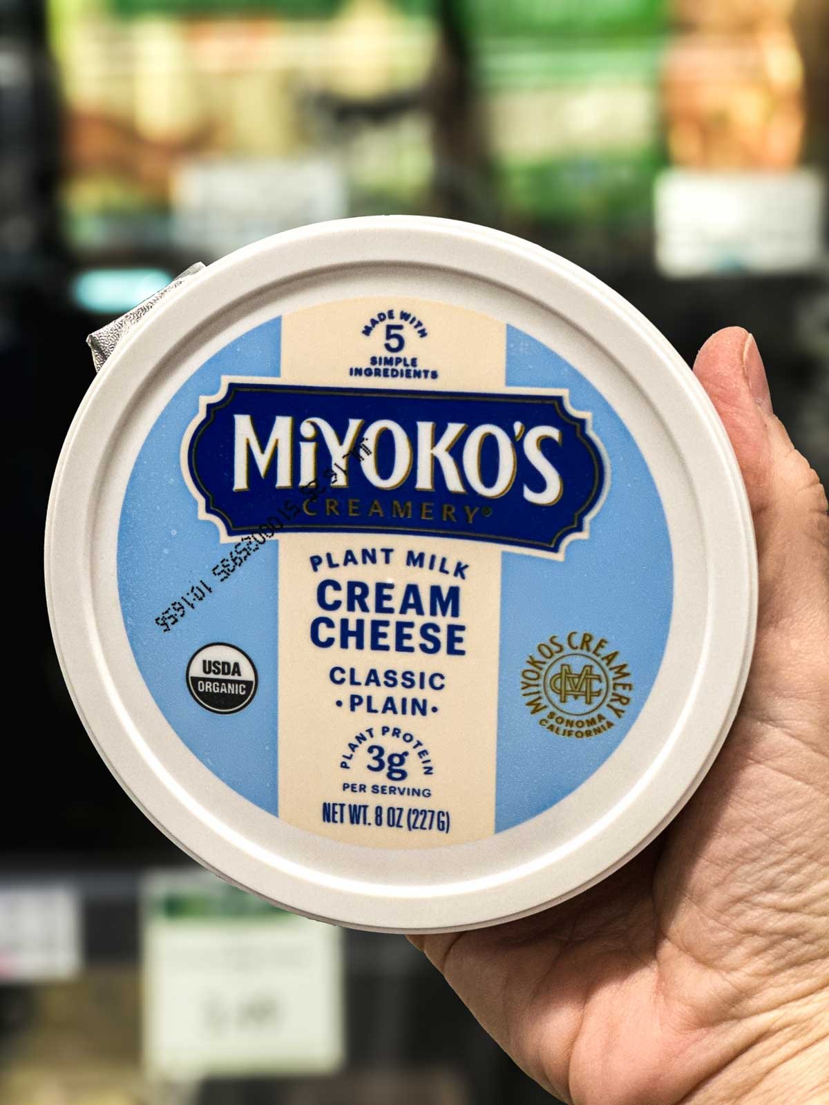 Miyoko’s plain vegan cream cheese made with organic plant milk, 8-ounce tub.