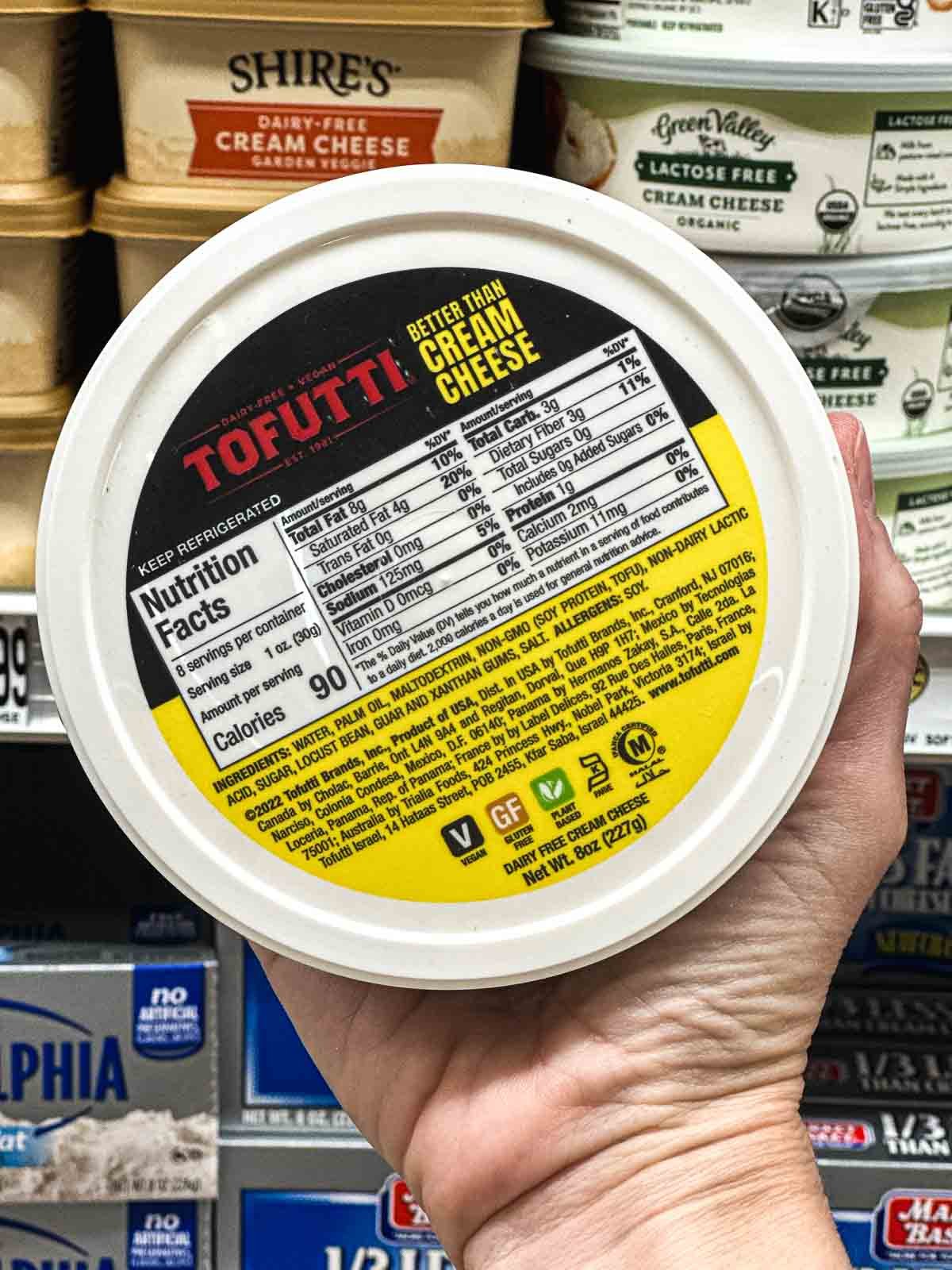Tofutti vegan cream cheese tub with nutrition label, a long-standing dairy-free alternative.