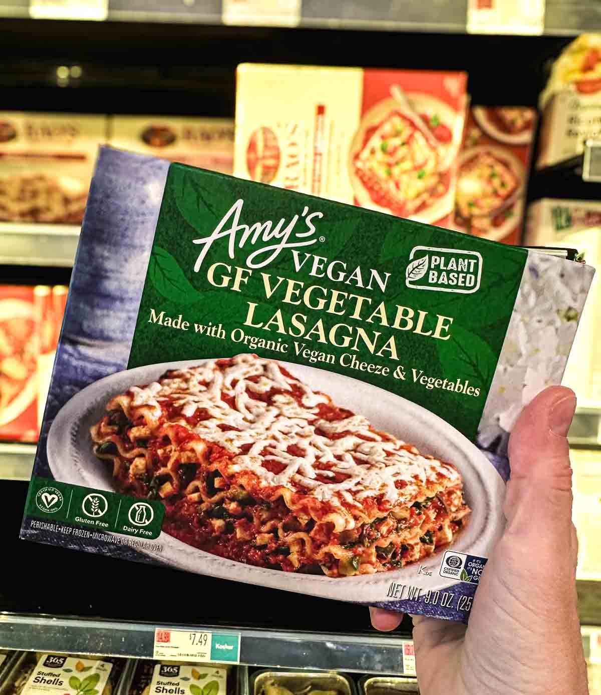 A package of Amy's brand vegan and gluten-free lasagna, one of the best vegan frozen foods.