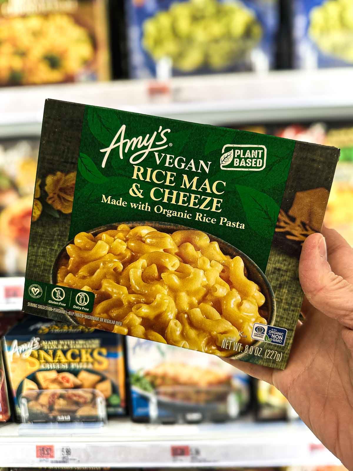 Amy’s Vegan Rice Mac and Cheeze in a green box with a bowl of pasta pictured on the front—gluten-free and dairy-free.