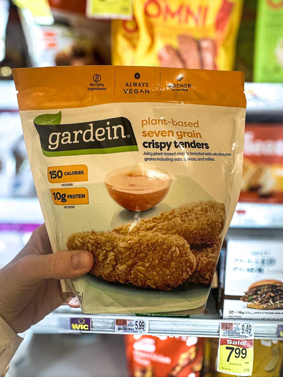 Gardein Seven Grain Crispy Tenders in beige-orange packaging with oats, quinoa, and millet ingredients shown.