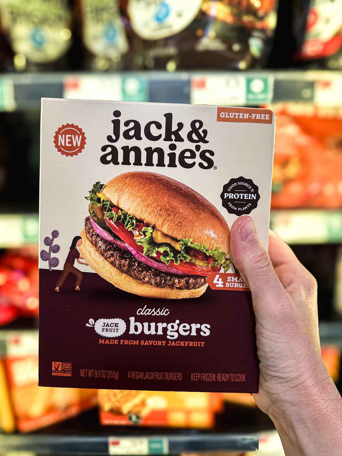Jack & Annie’s Classic Jackfruit Burgers box showing a plant-based burger with lettuce, tomato, and onion.