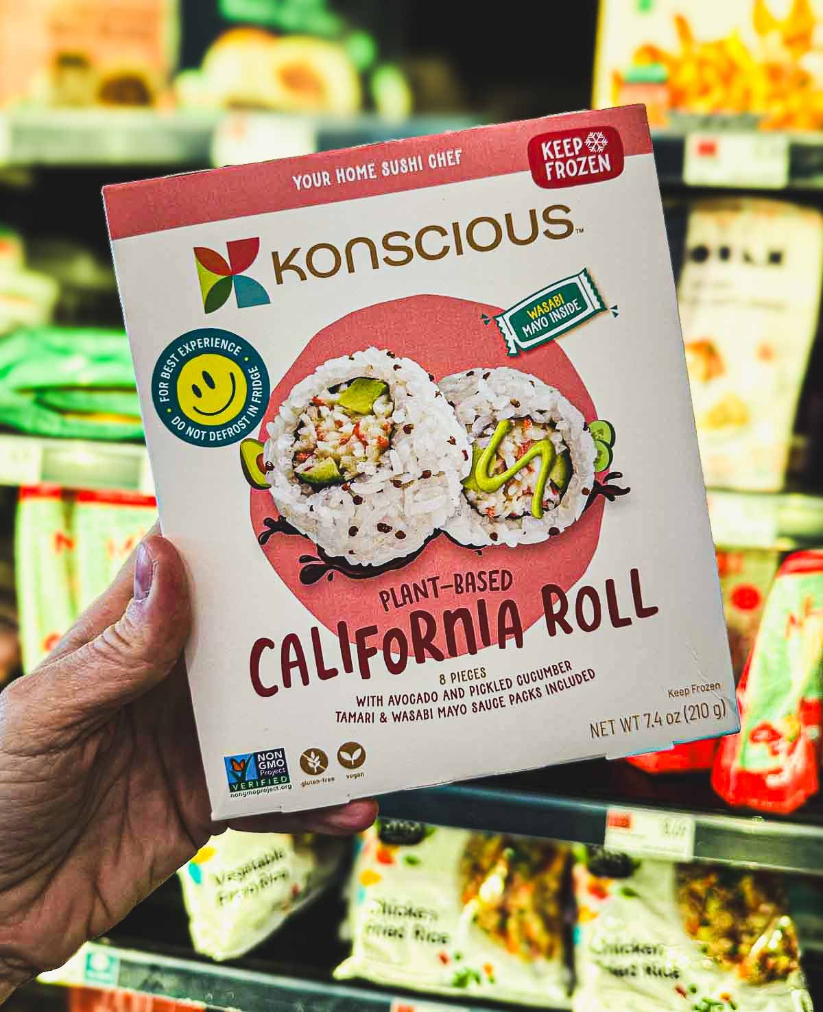 Konscious Plant-Based California Roll sushi package with avocado, pickled cucumber, and vegan crab-style filling.