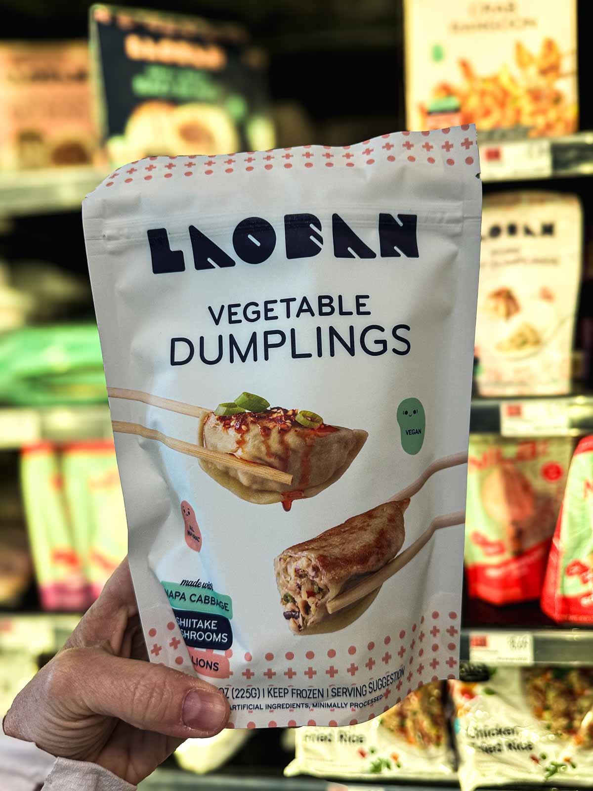 Bag of Laoban Vegetable Dumplings made with napa cabbage, shiitake mushrooms, and onions.