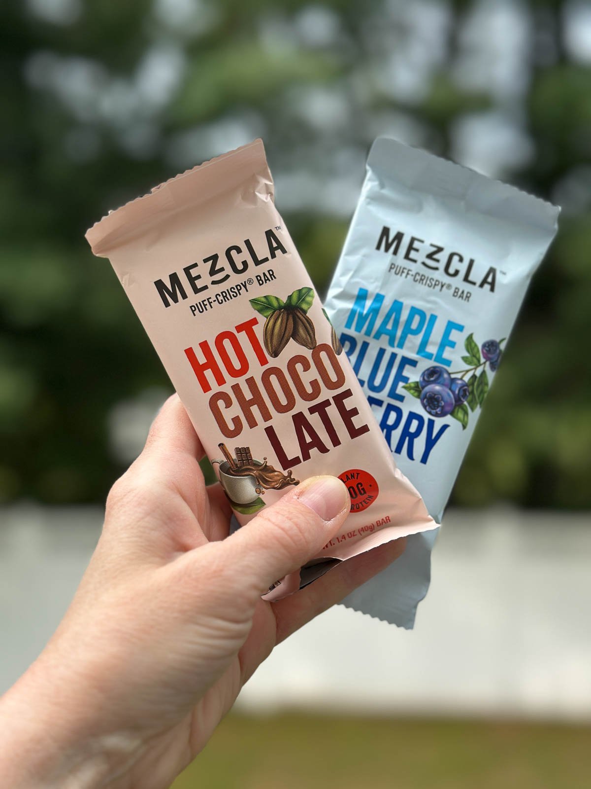 Two Mezcla vegan protein bars—Hot Chocolate and Maple Blueberry—held outdoors with blurred trees behind.