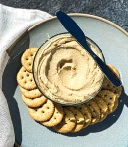 Cashew cheese from Miyoko Schinner’s The Vegan Creamery served with crackers.