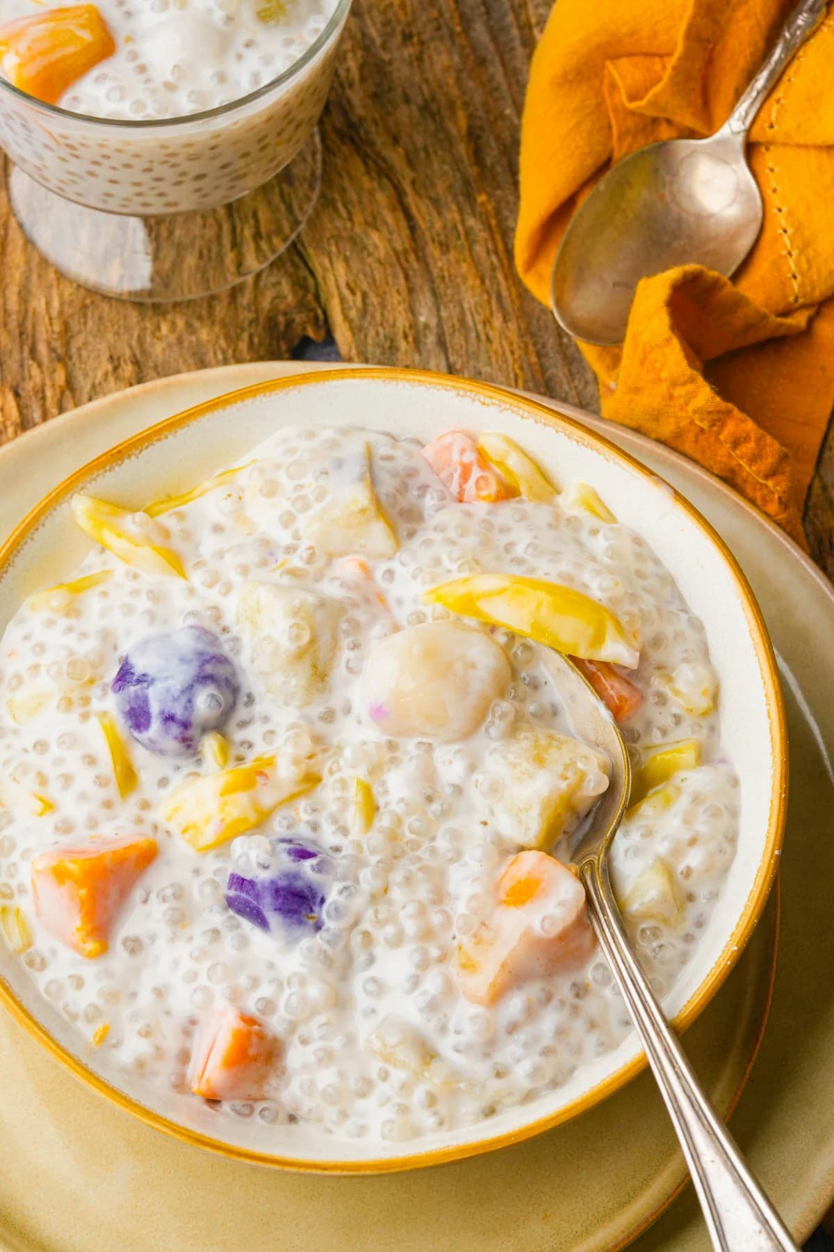 Ginataang Bilo Bilo, a Filipino dessert made with ripe jackfruit, tapioca pearls, and sweet potato in creamy coconut milk.