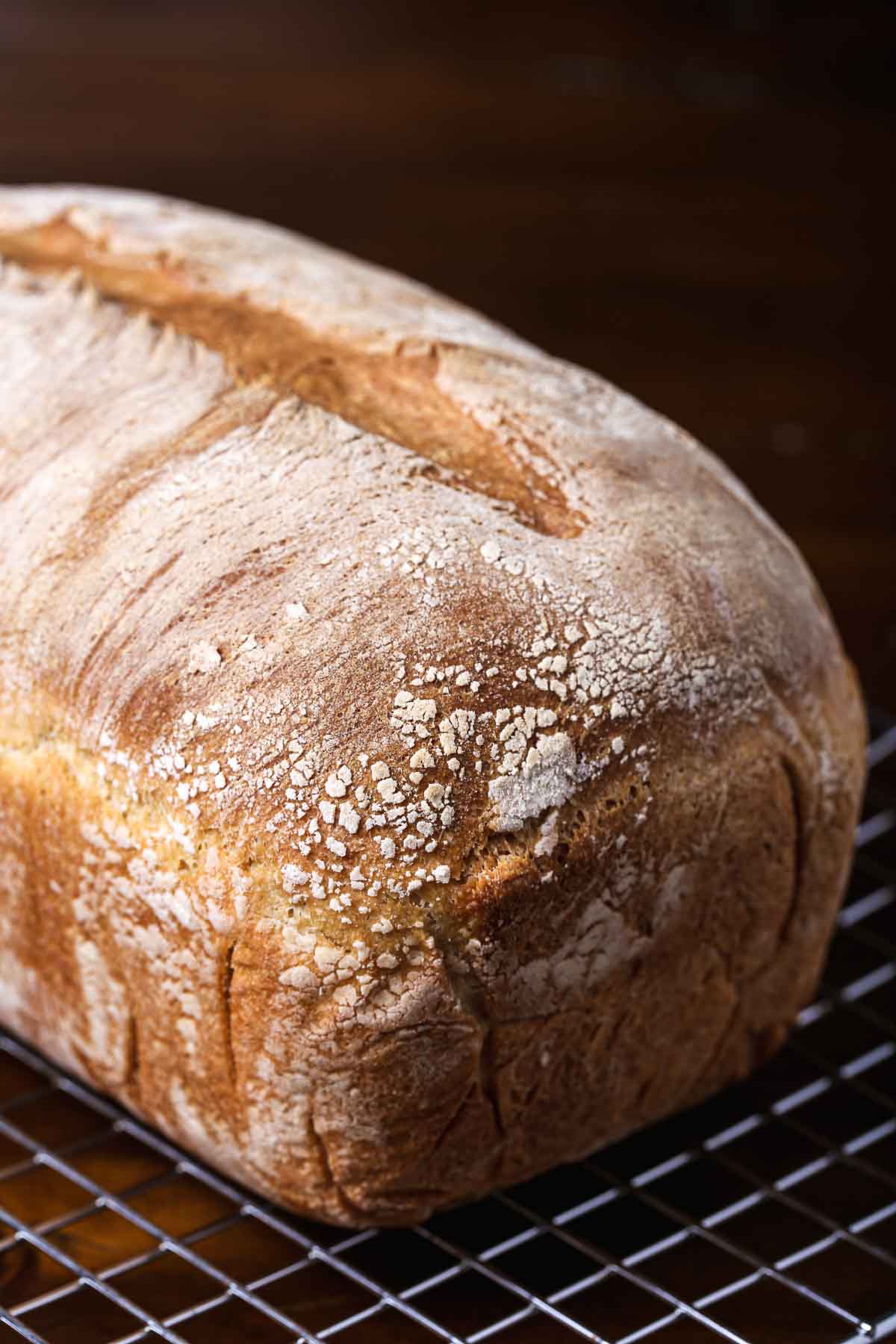 Close-up of a baked sandwich bread loaf showing its browned crust, flour-dusted surface, and center slash.