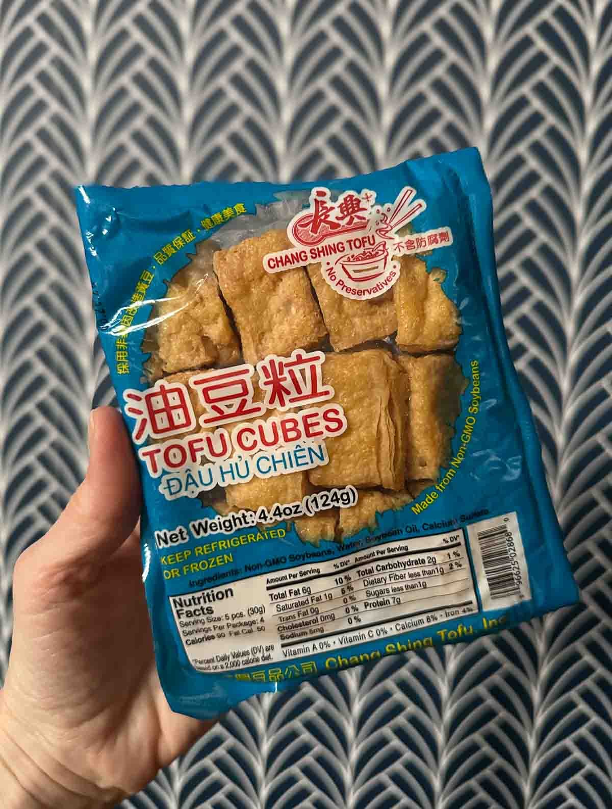 Packaged tofu puffs (fried bean curd) for soups, curries, and braises.