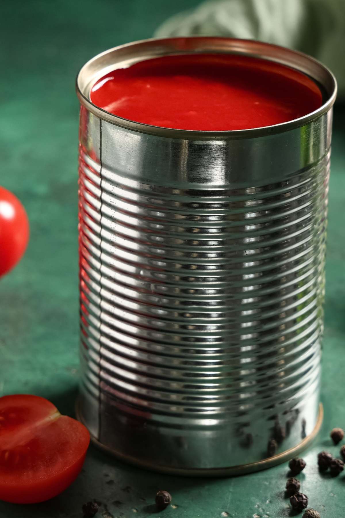 Open can of tomatoes showing smooth tomato purée.