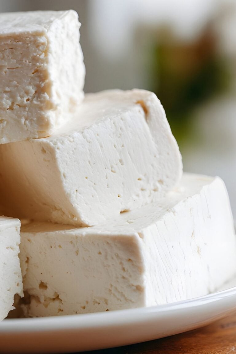 Fresh blocks of firm tofu on a white plate, showing creamy white color and smooth texture.